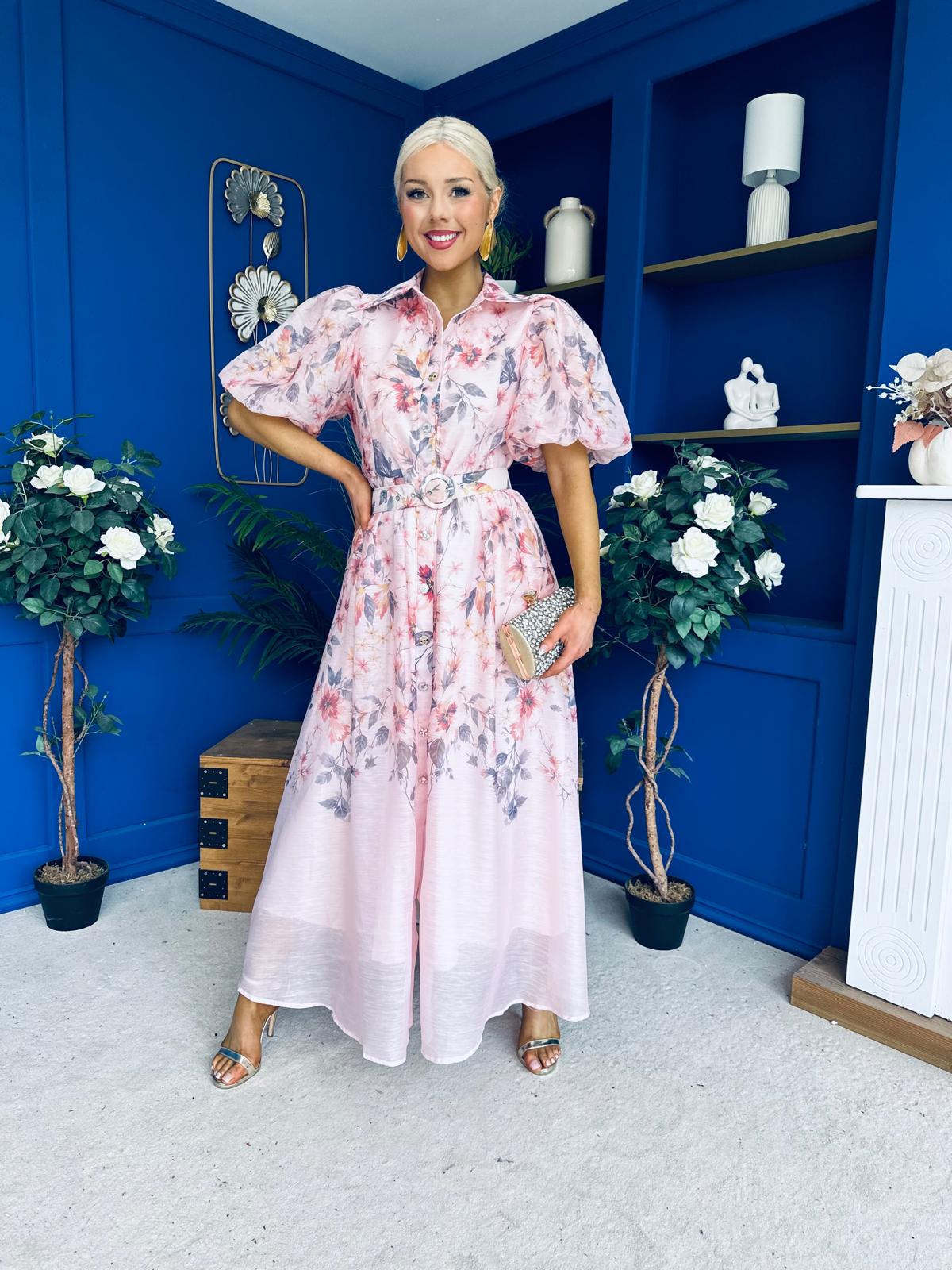 Siera Puff Sleeve Occasion Shirt Dress Floral Pink