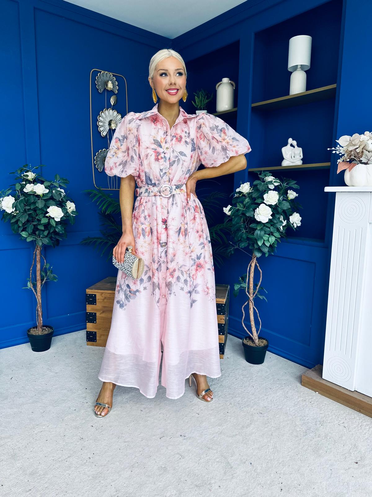 Siera Puff Sleeve Occasion Shirt Dress Floral Pink