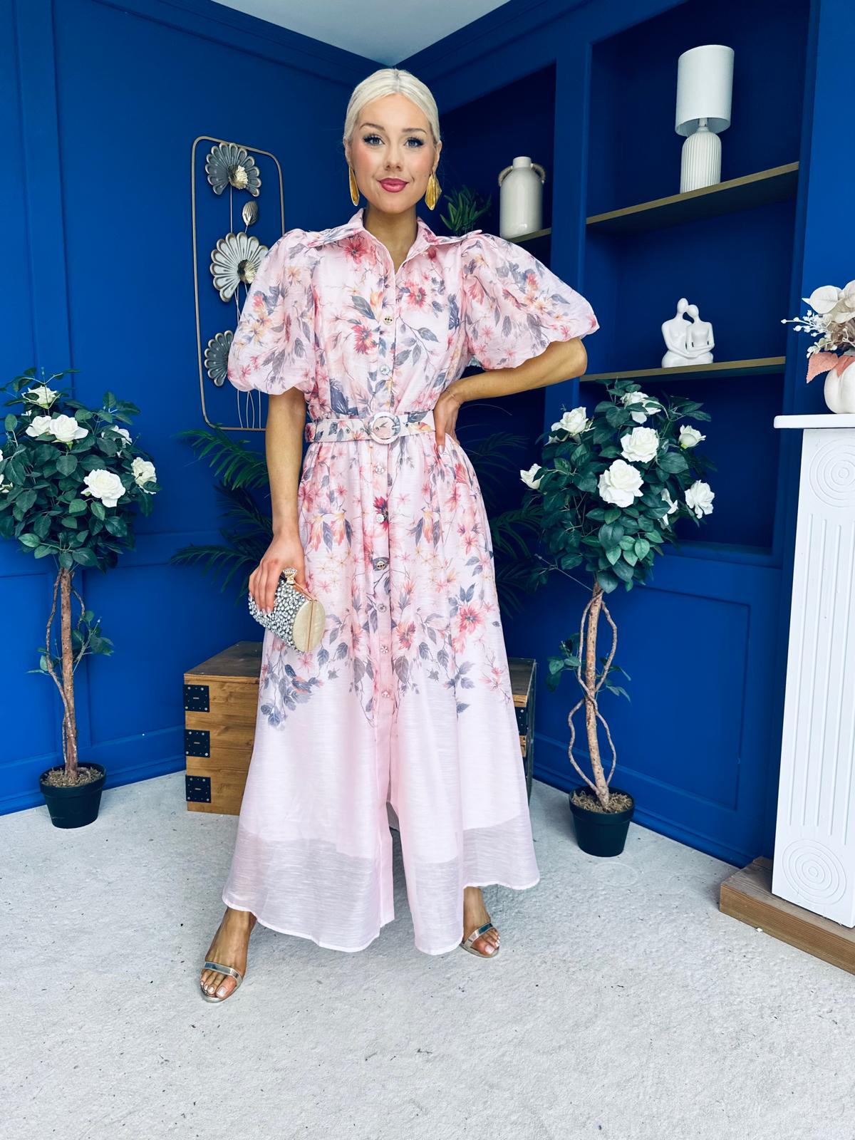 Siera Puff Sleeve Occasion Shirt Dress Floral Pink