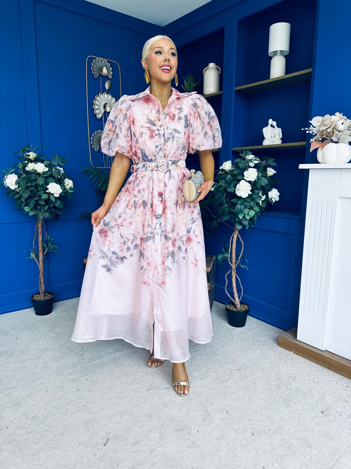 Siera Puff Sleeve Occasion Shirt Dress Floral Pink