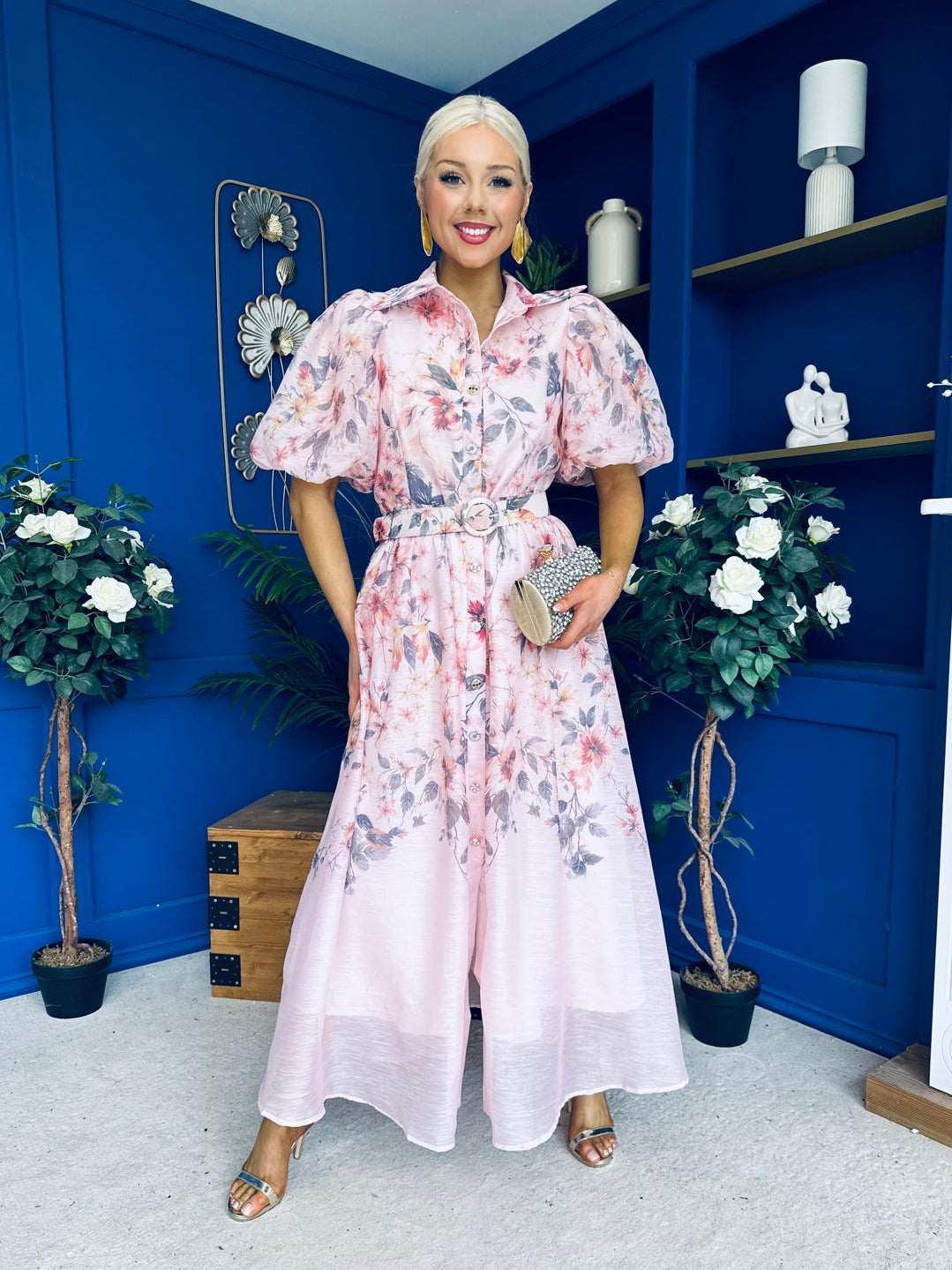 Siera Puff Sleeve Occasion Shirt Dress Floral Pink