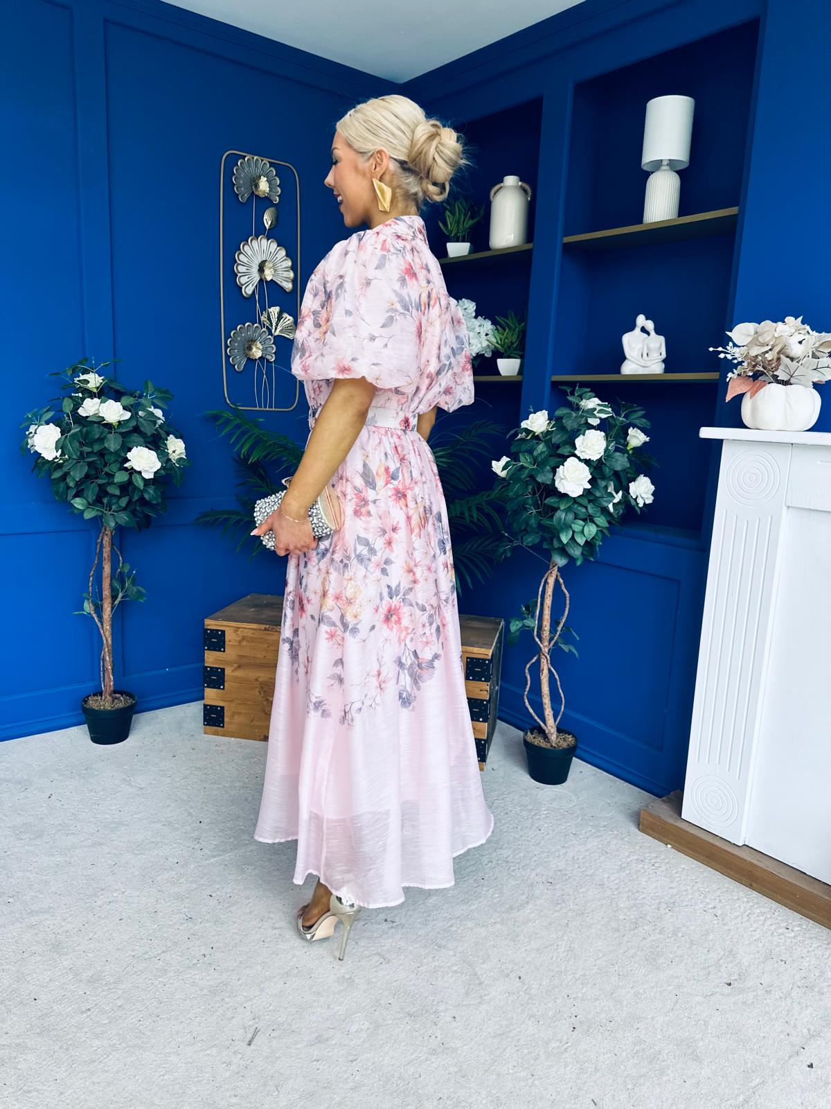 Siera Puff Sleeve Occasion Shirt Dress Floral Pink