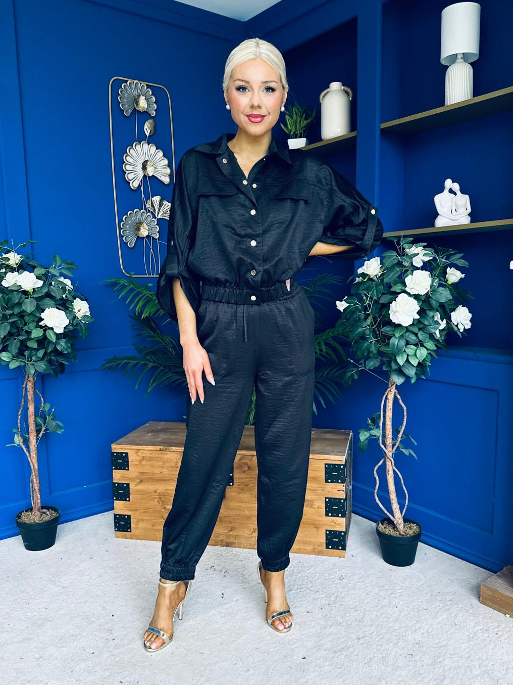 Barbara Detailed Top & Trouser Set Black