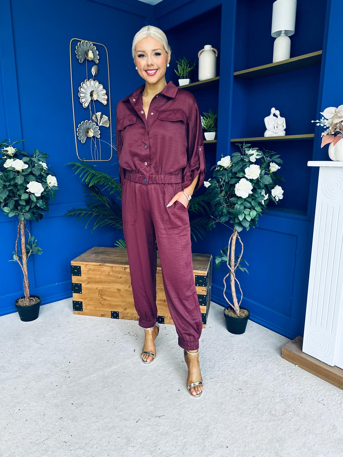 Barbara Detailed Top & Trouser Set Burgundy