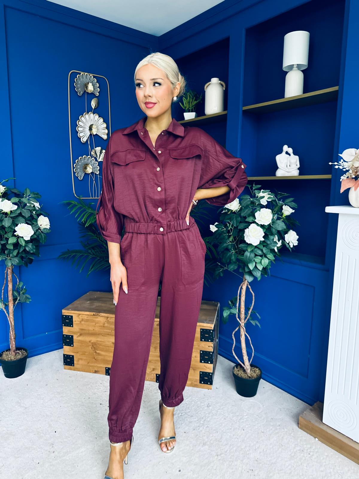 Barbara Detailed Top & Trouser Set Burgundy