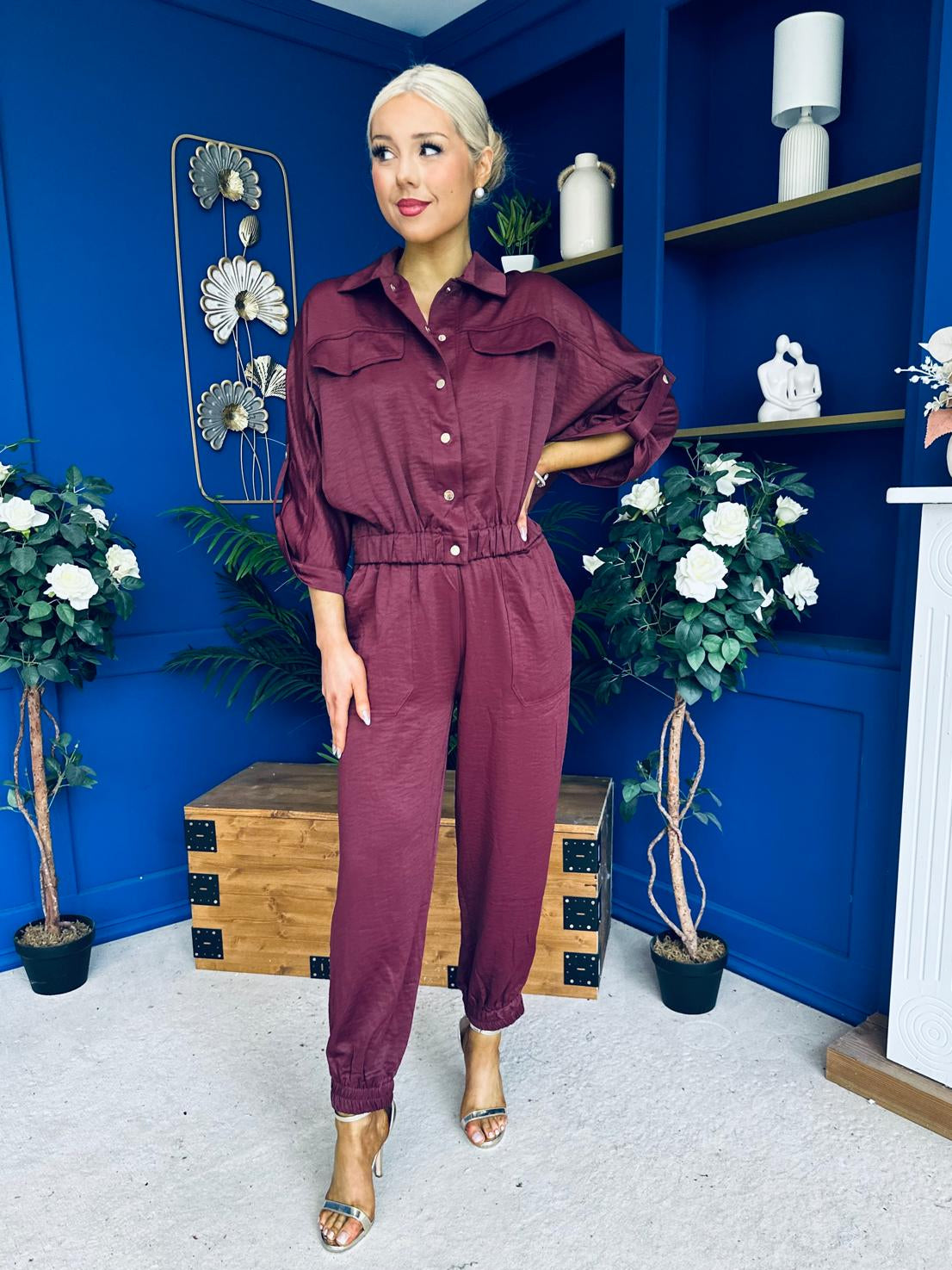 Barbara Detailed Top & Trouser Set Burgundy