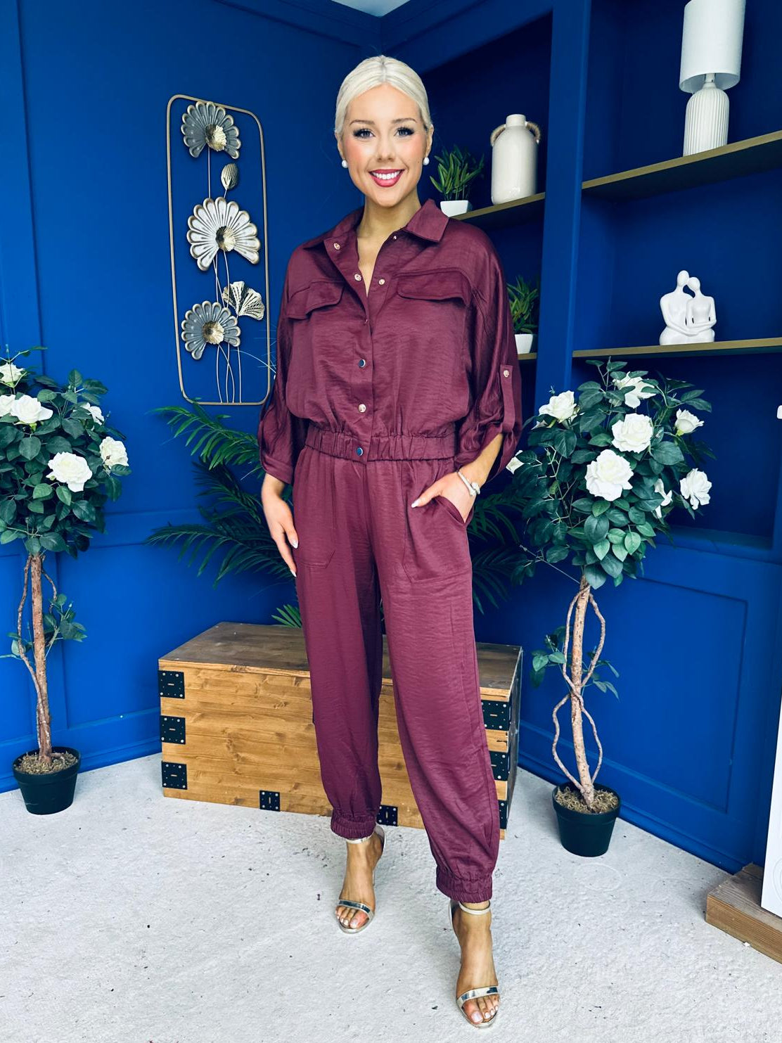 Barbara Detailed Top & Trouser Set Burgundy