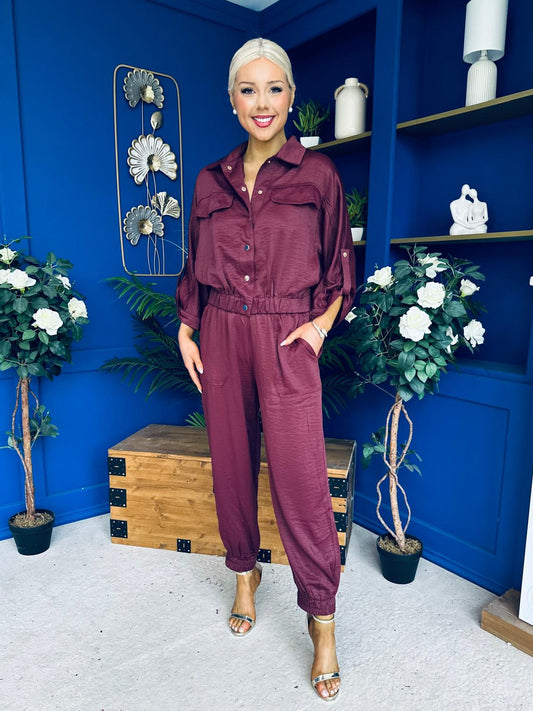Barbara Detailed Top & Trouser Set Burgundy