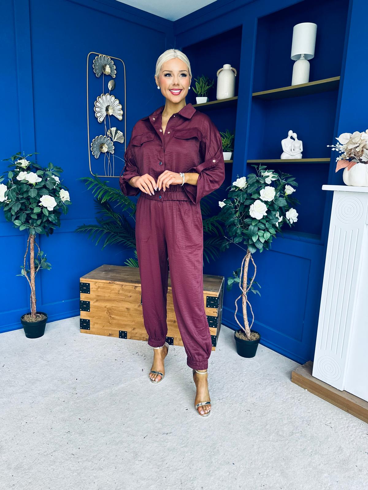 Barbara Detailed Top & Trouser Set Burgundy