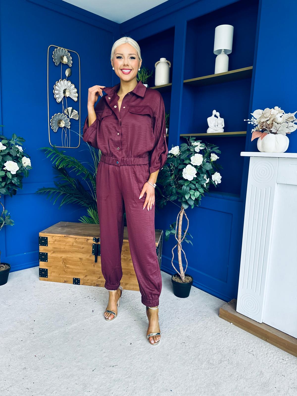 Barbara Detailed Top & Trouser Set Burgundy