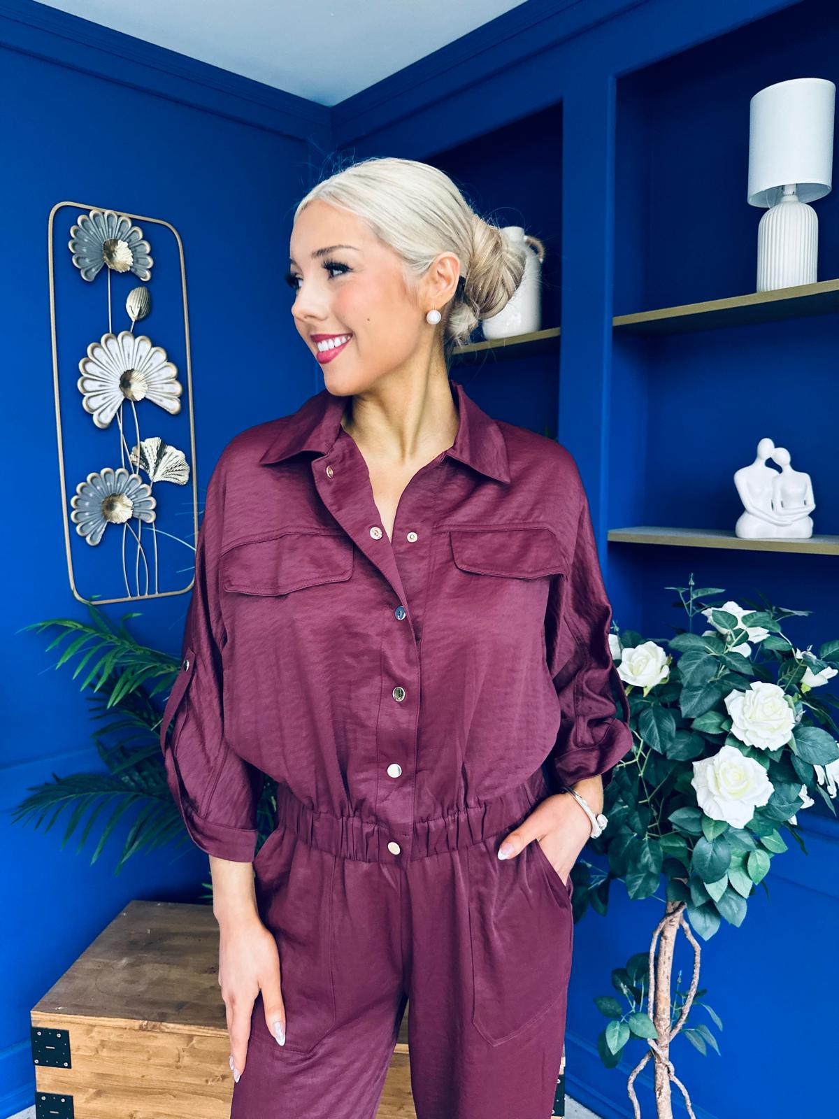 Barbara Detailed Top & Trouser Set Burgundy