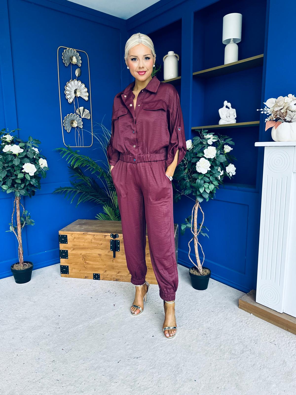 Barbara Detailed Top & Trouser Set Burgundy