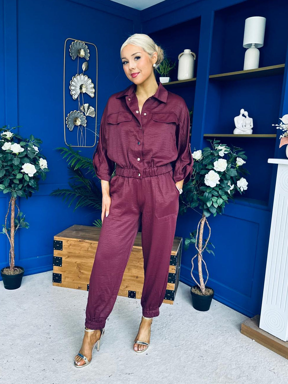 Barbara Detailed Top & Trouser Set Burgundy
