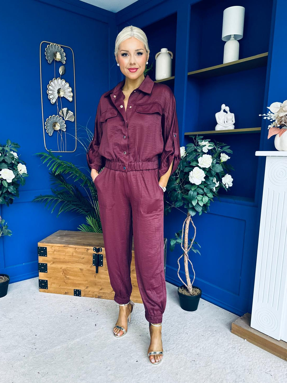 Barbara Detailed Top & Trouser Set Burgundy