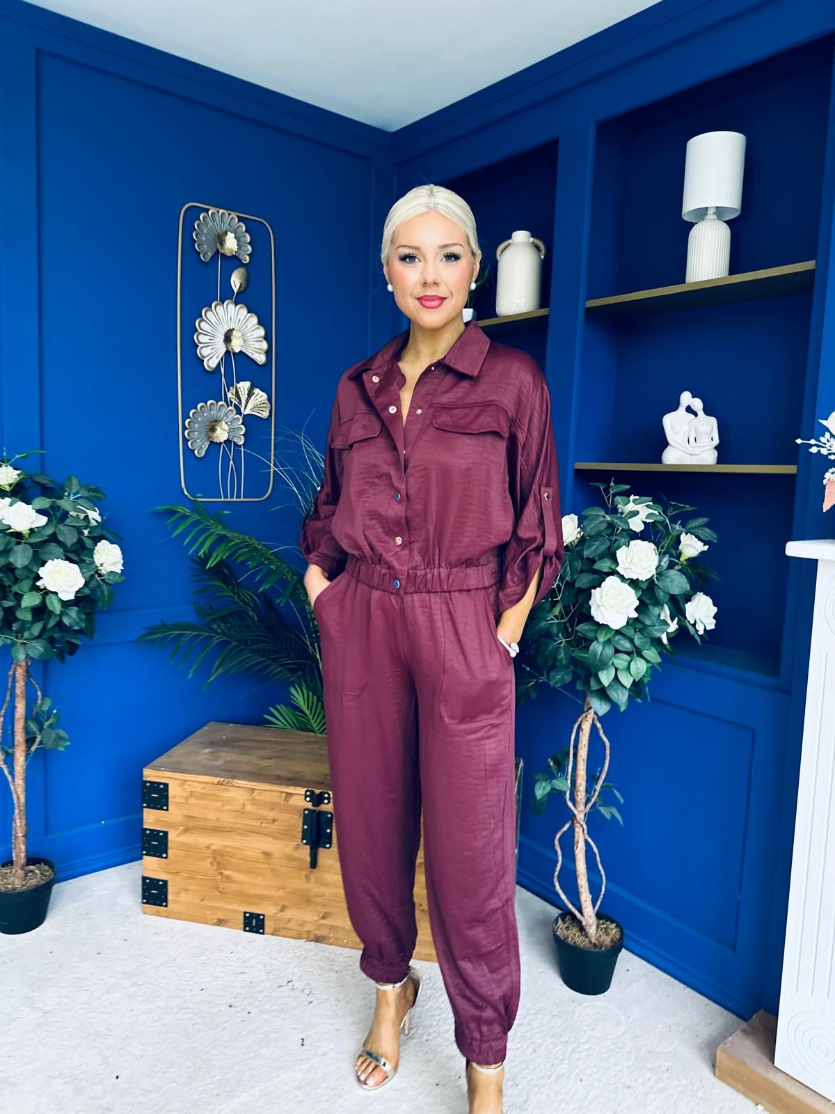 Barbara Detailed Top & Trouser Set Burgundy
