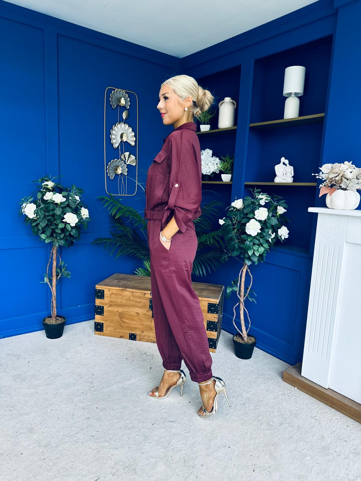 Barbara Detailed Top & Trouser Set Burgundy