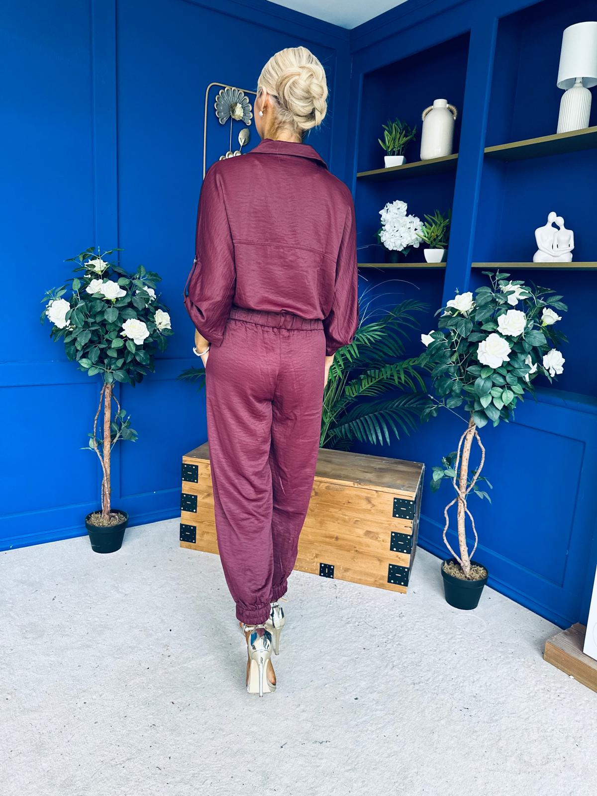 Barbara Detailed Top & Trouser Set Burgundy