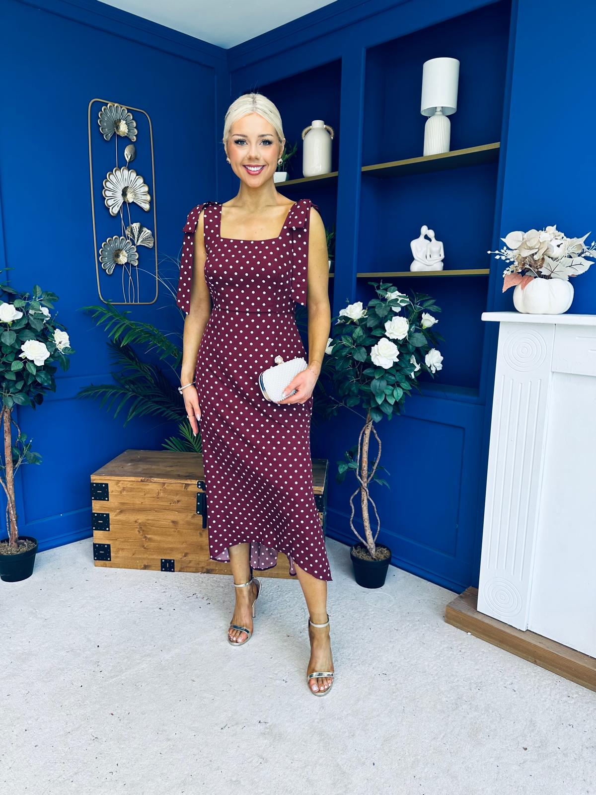 Jovi Tie Shoulder Square Neck Midi Dress Polka Berry