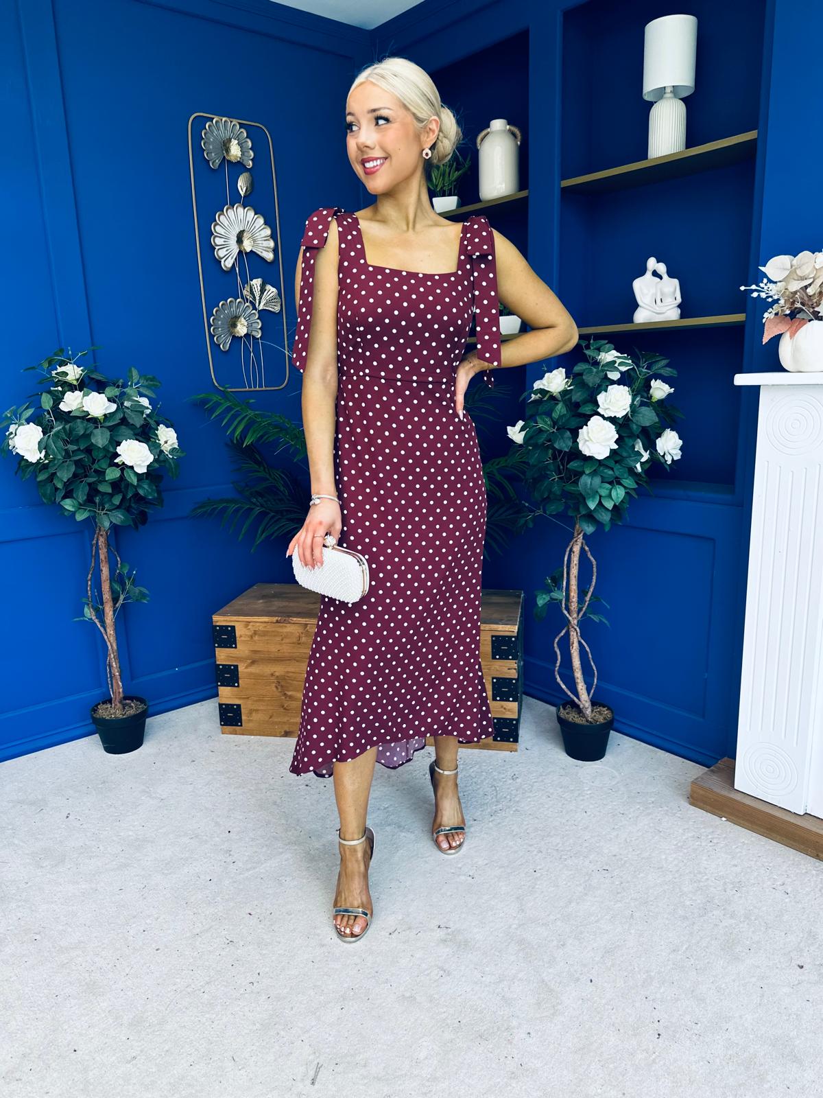 Jovi Tie Shoulder Square Neck Midi Dress Polka Berry