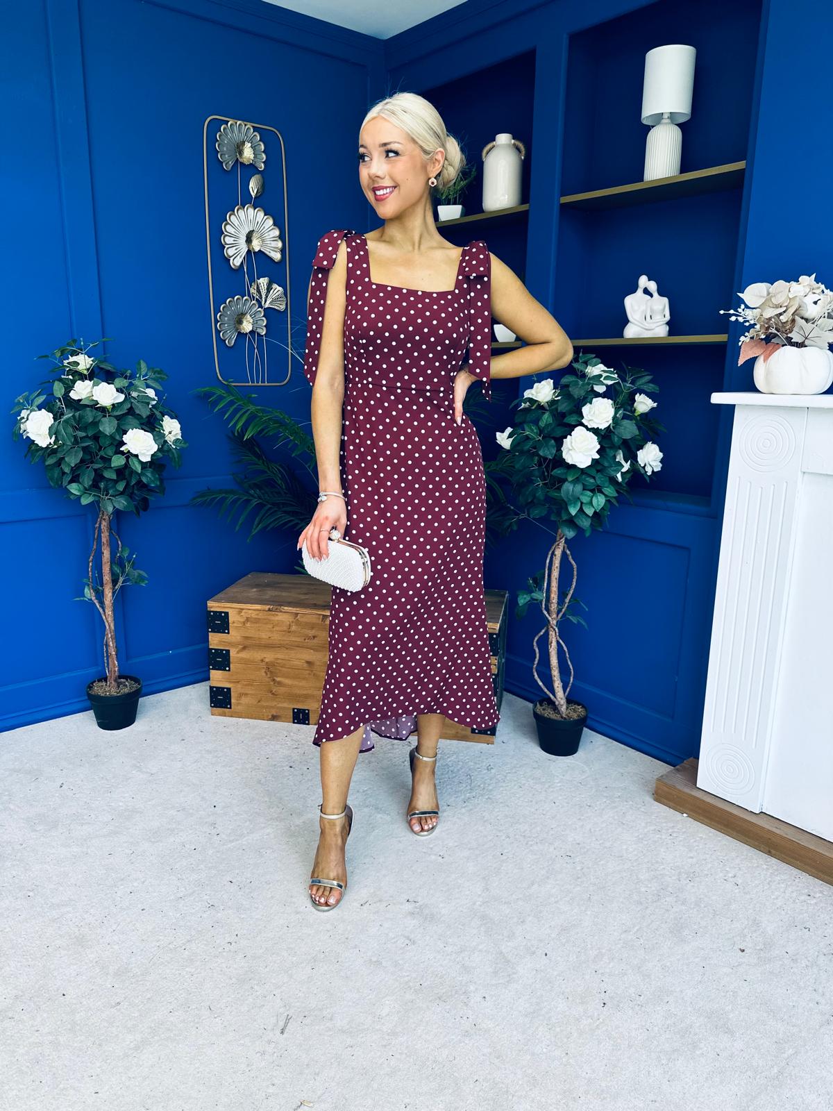 Jovi Tie Shoulder Square Neck Midi Dress Polka Berry