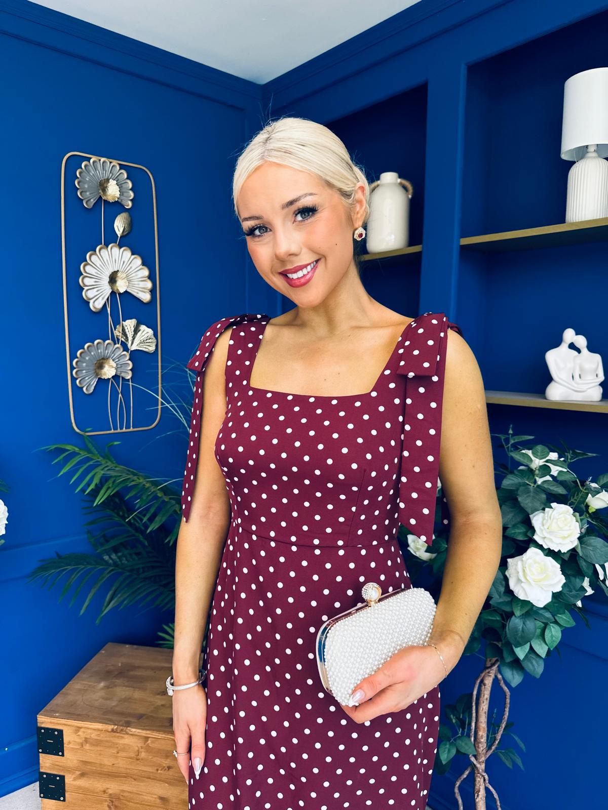 Jovi Tie Shoulder Square Neck Midi Dress Polka Berry
