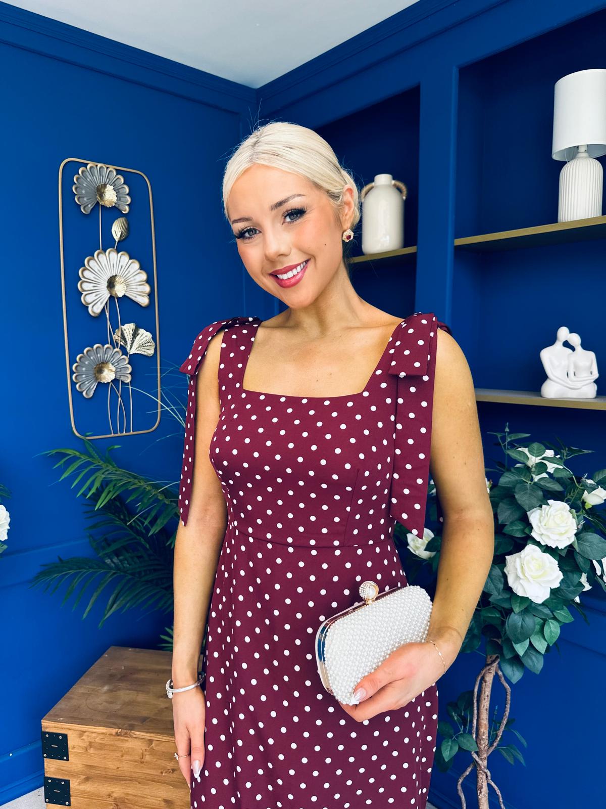 Jovi Tie Shoulder Square Neck Midi Dress Polka Berry