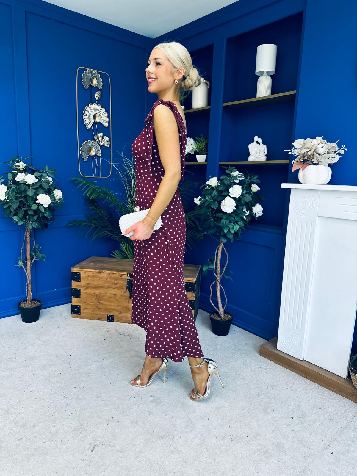 Jovi Tie Shoulder Square Neck Midi Dress Polka Berry