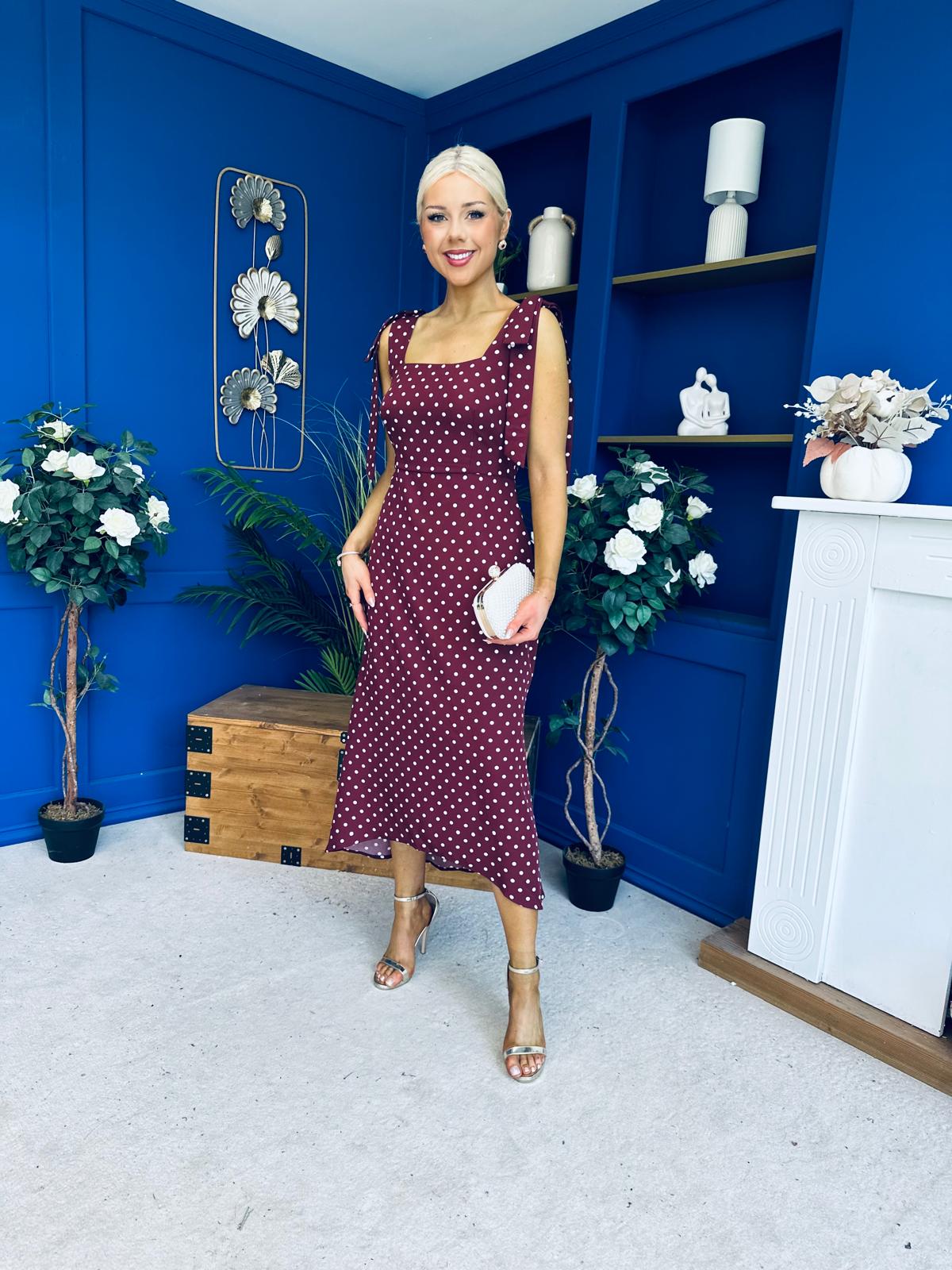 Jovi Tie Shoulder Square Neck Midi Dress Polka Berry