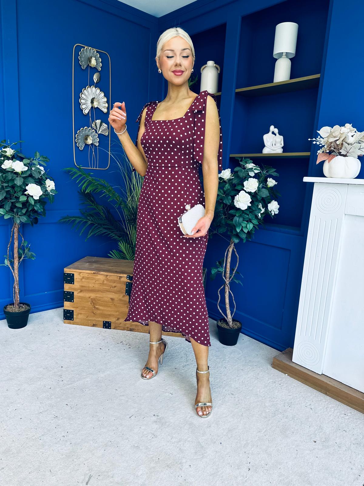 Jovi Tie Shoulder Square Neck Midi Dress Polka Berry