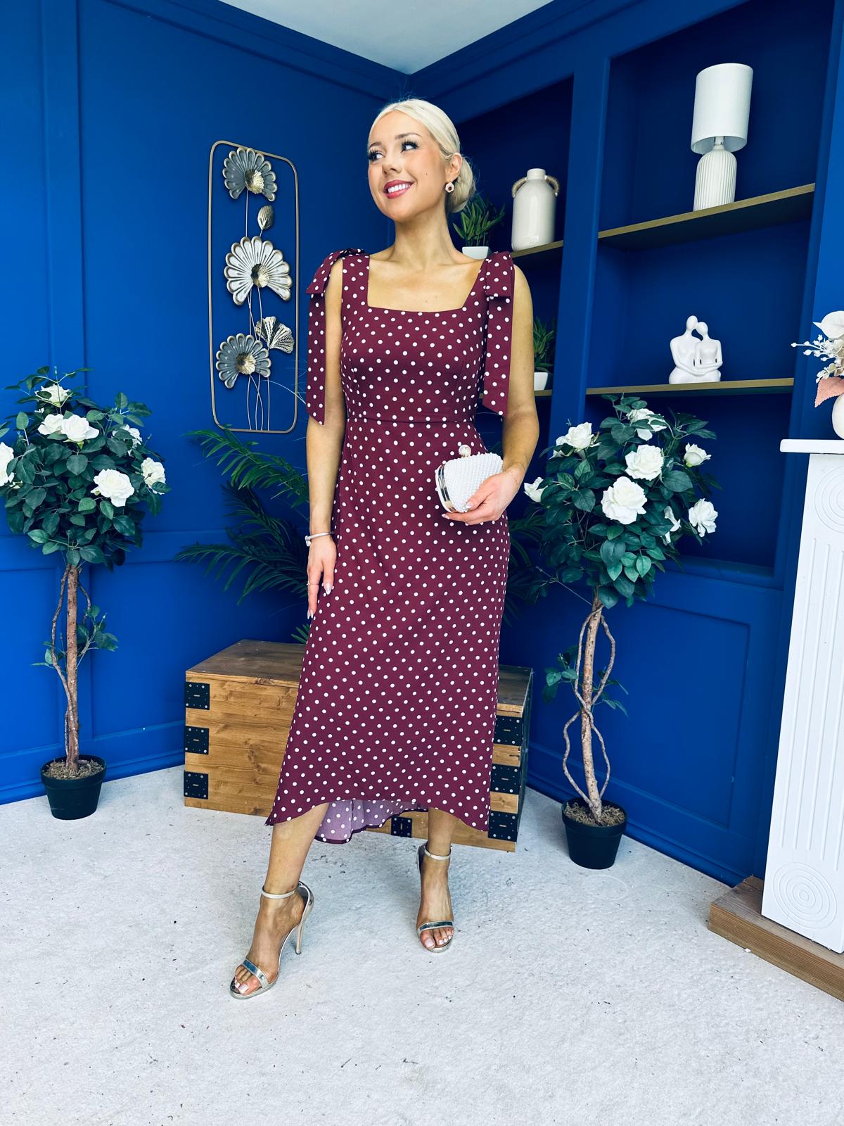 Jovi Tie Shoulder Square Neck Midi Dress Polka Berry