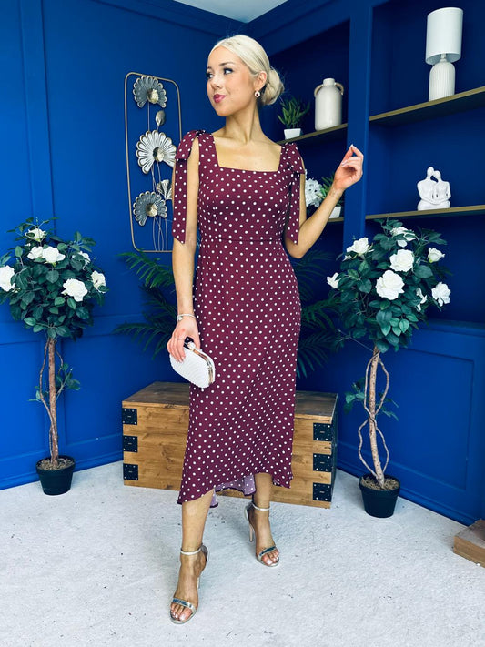 Jovi Tie Shoulder Square Neck Midi Dress Polka Berry