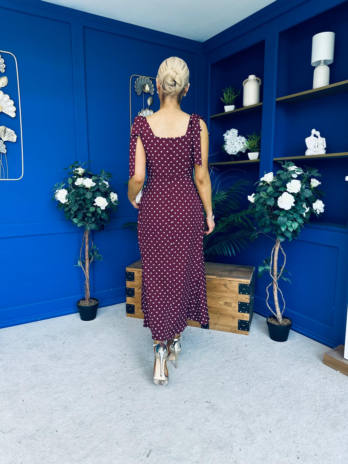 Jovi Tie Shoulder Square Neck Midi Dress Polka Berry