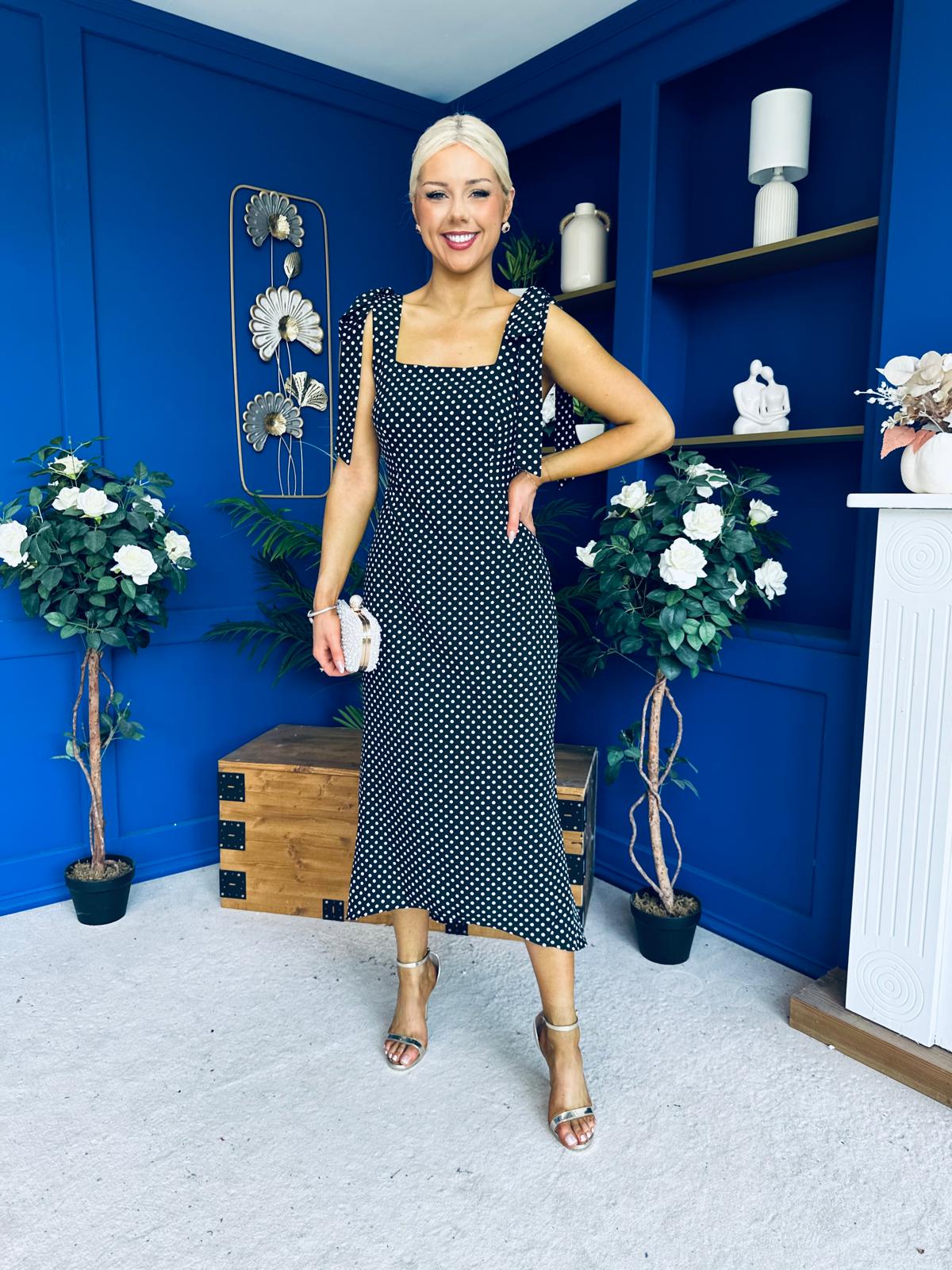 Jovi Tie Shoulder Square Neck Midi Dress Polka Black