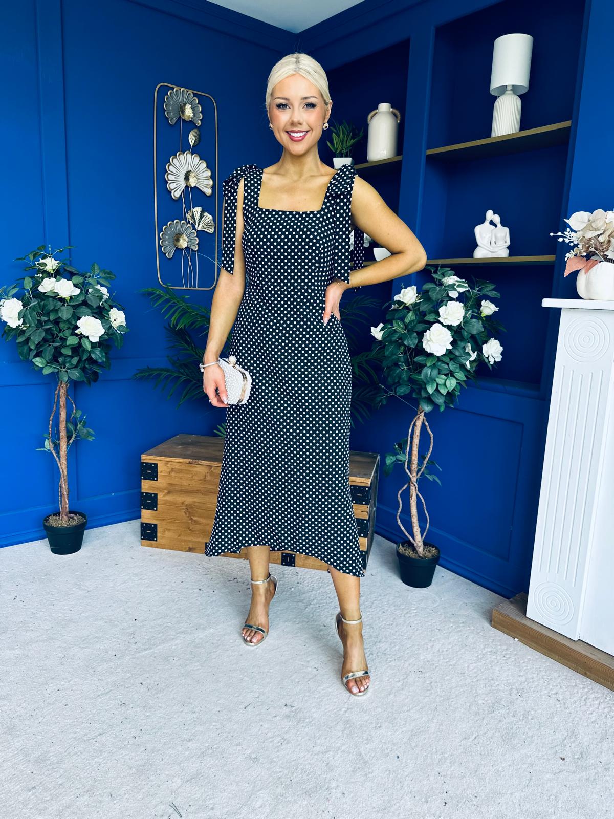 Jovi Tie Shoulder Square Neck Midi Dress Polka Black