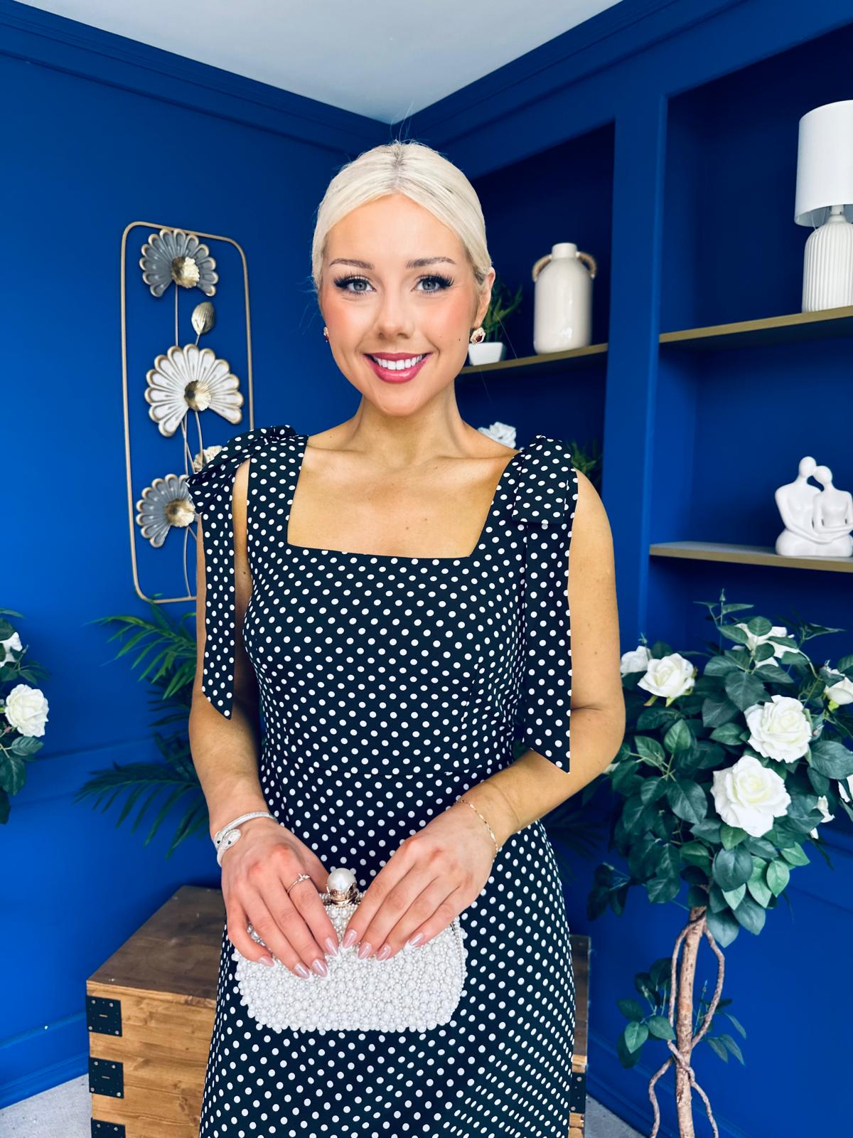 Jovi Tie Shoulder Square Neck Midi Dress Polka Black