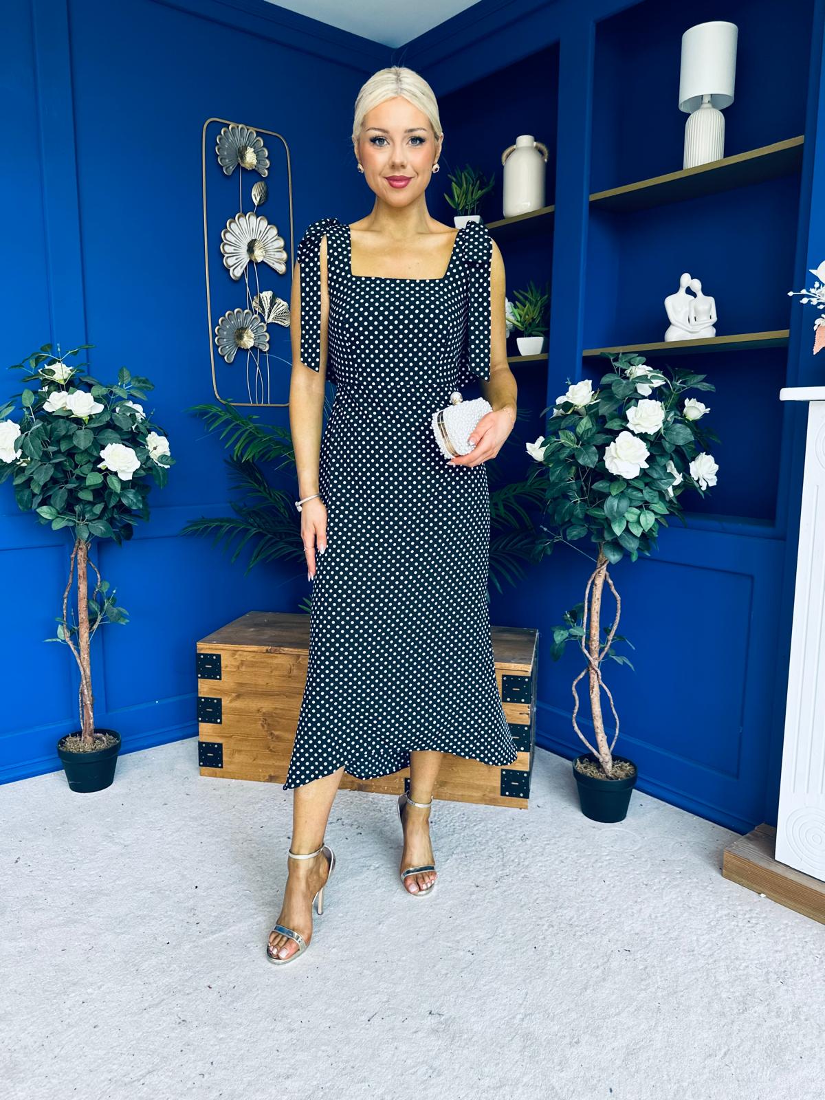 Jovi Tie Shoulder Square Neck Midi Dress Polka Black