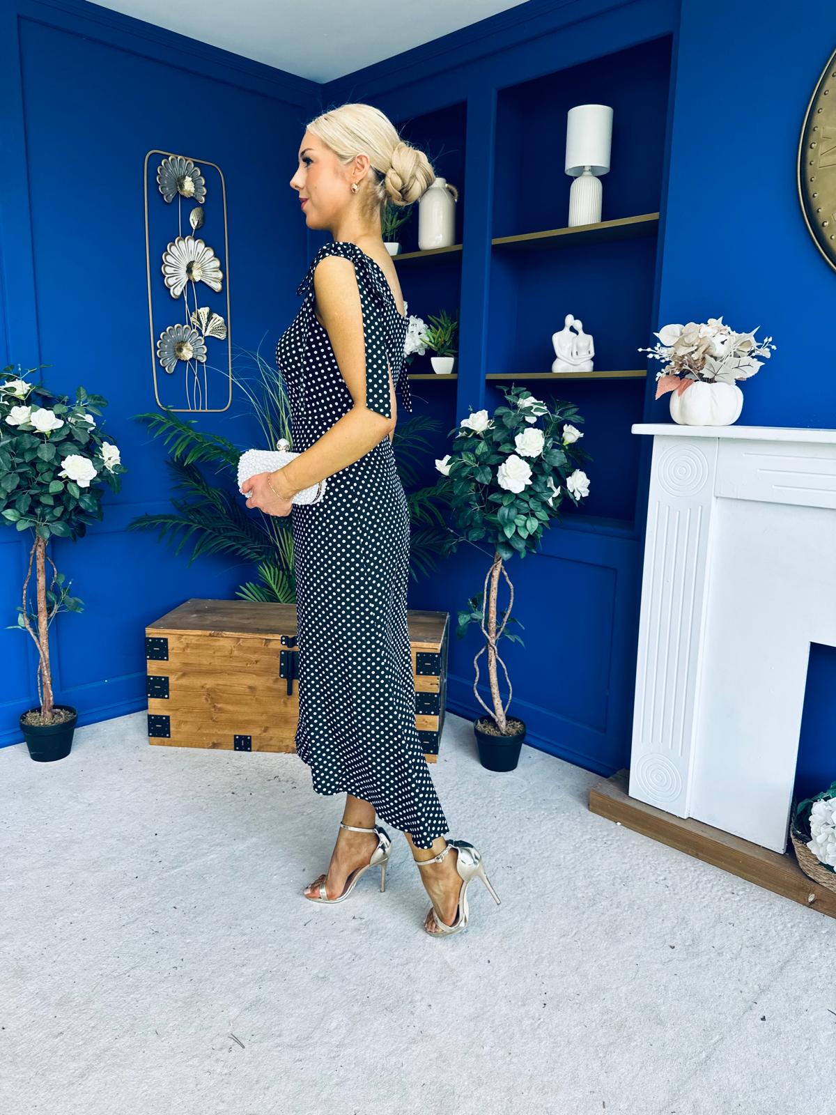 Jovi Tie Shoulder Square Neck Midi Dress Polka Black