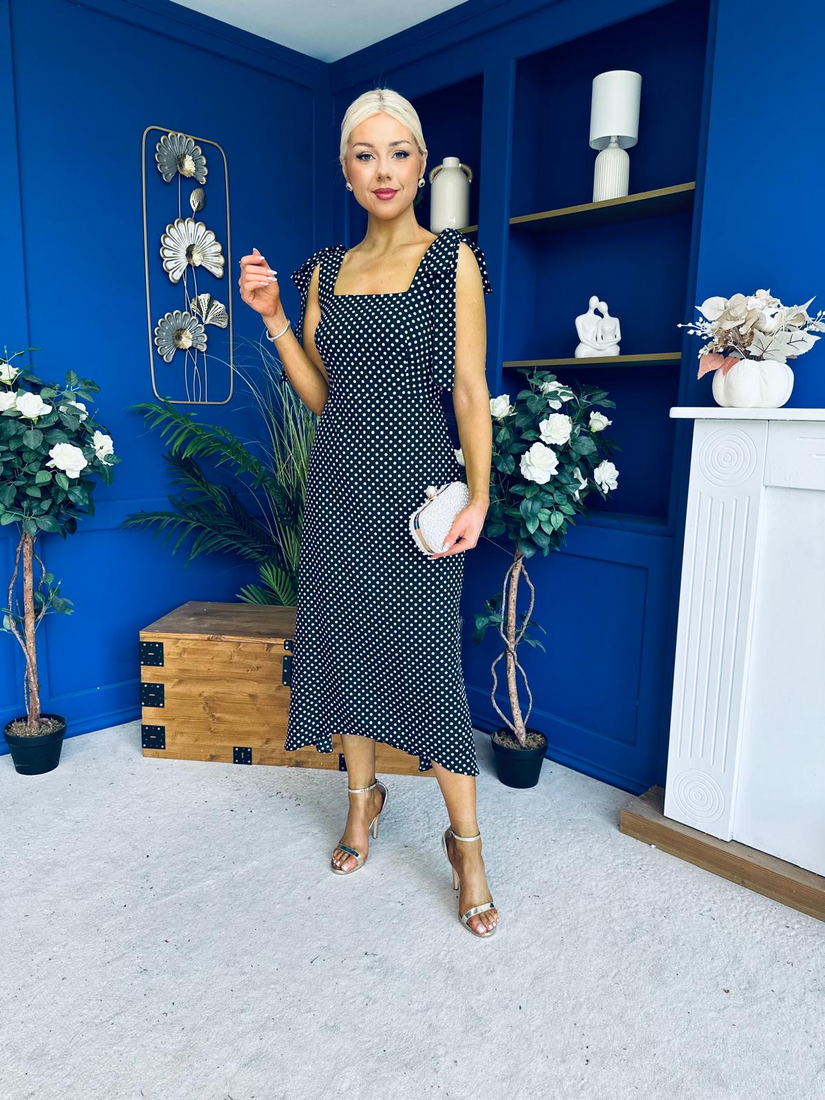 Jovi Tie Shoulder Square Neck Midi Dress Polka Black
