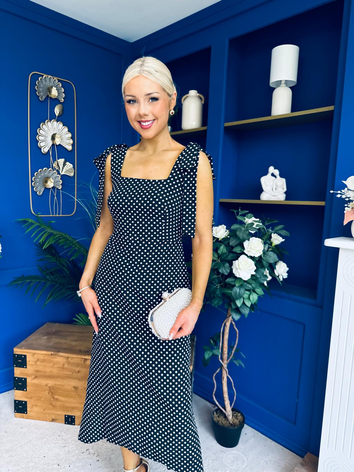 Jovi Tie Shoulder Square Neck Midi Dress Polka Black