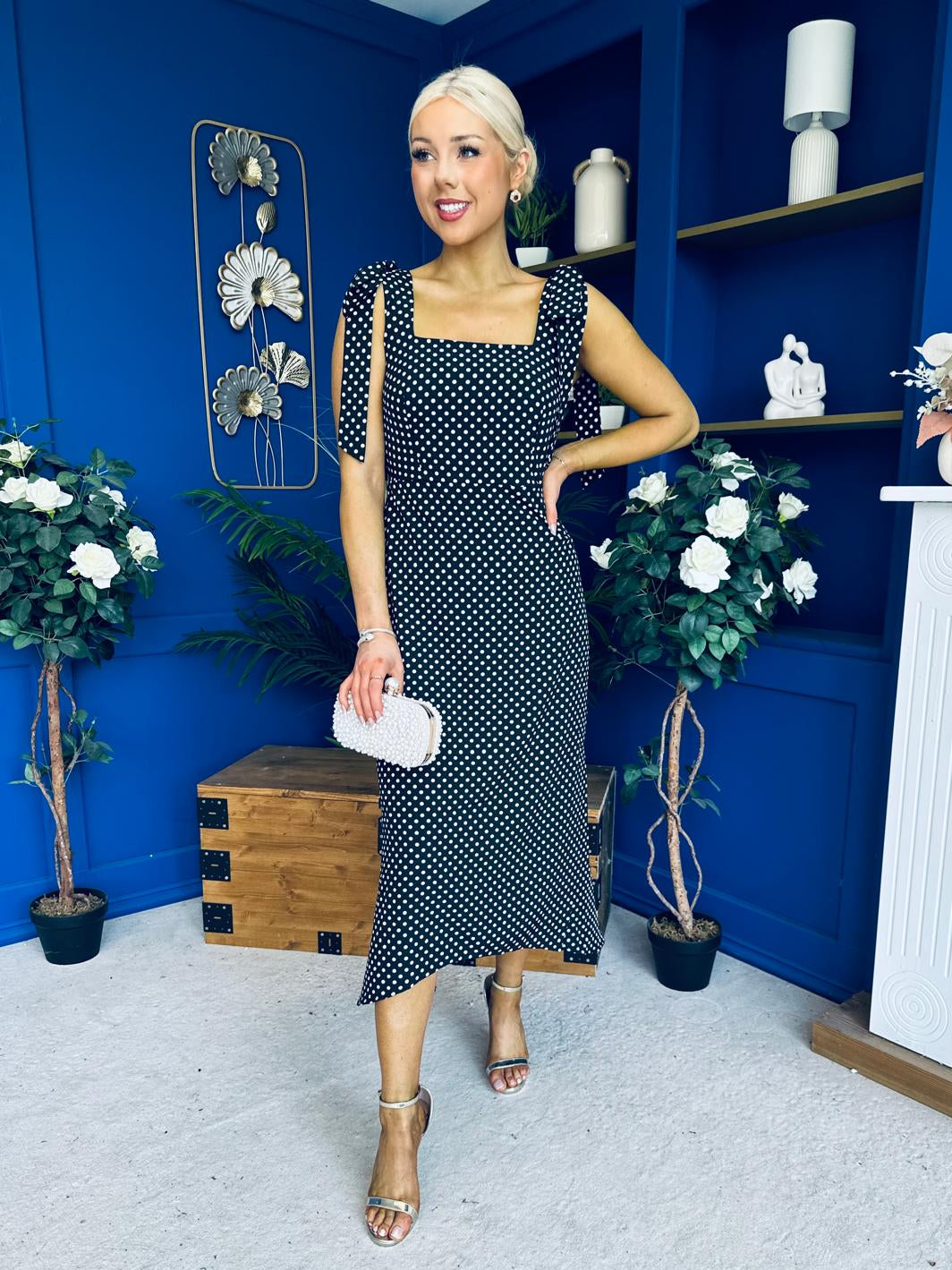 Jovi Tie Shoulder Square Neck Midi Dress Polka Black