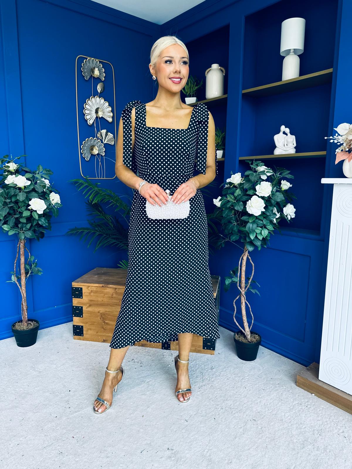Jovi Tie Shoulder Square Neck Midi Dress Polka Black