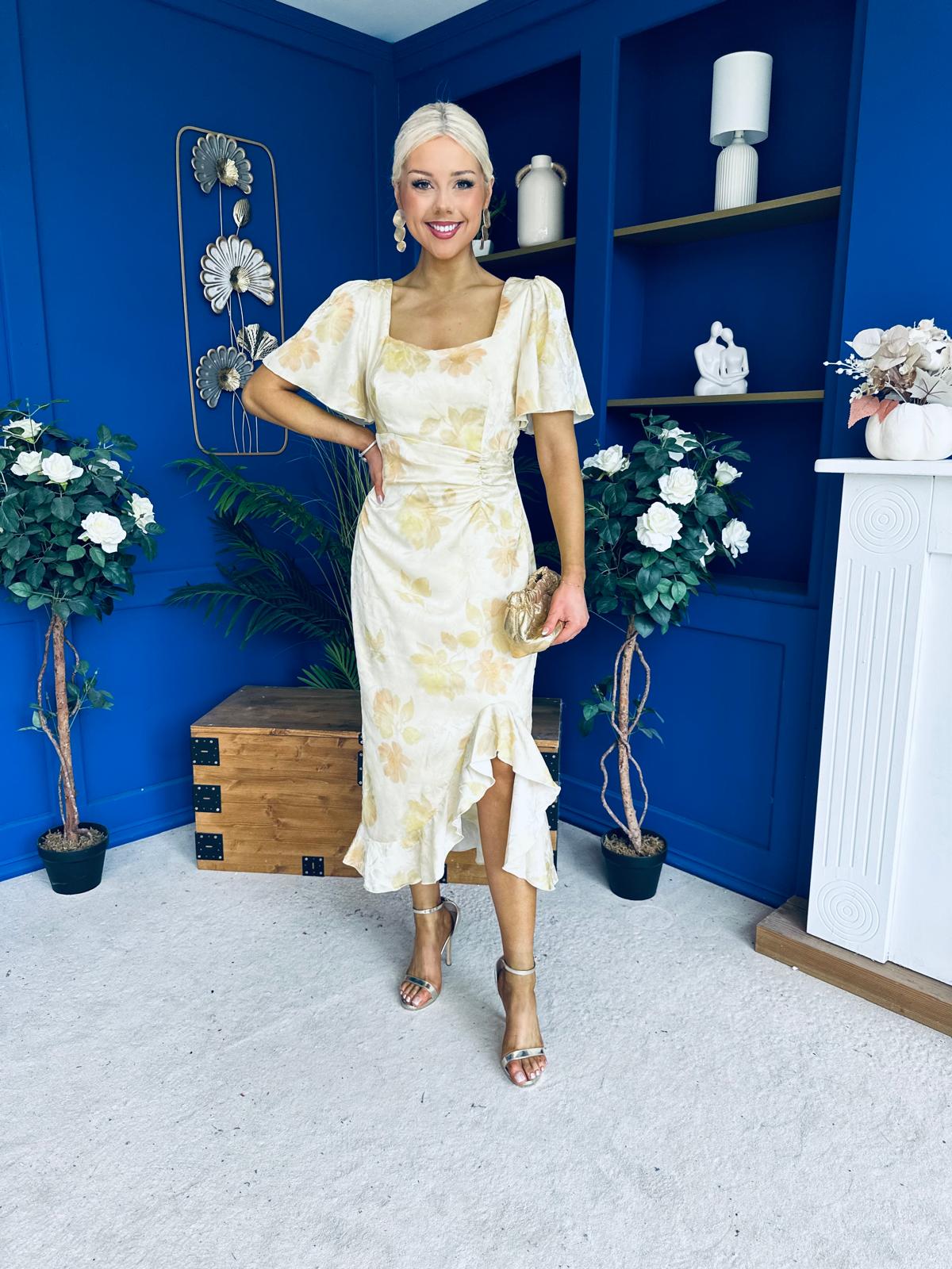 Heidi Square Neck Ruched Midi Dress Floral Yellow