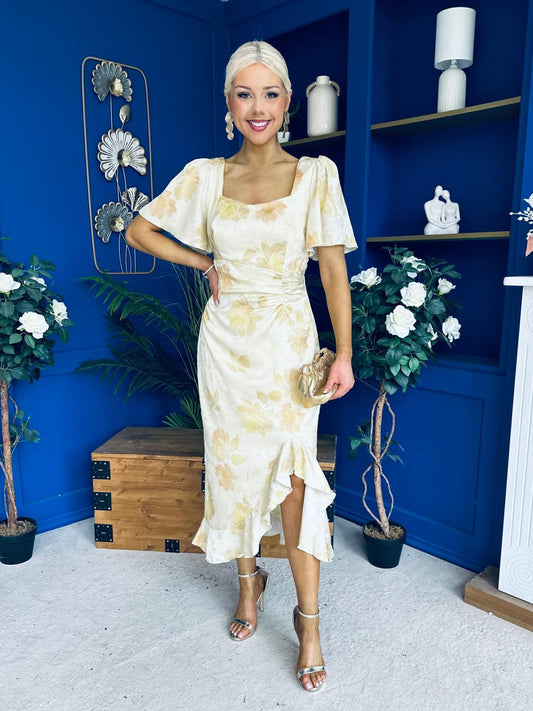 Heidi Square Neck Ruched Midi Dress Floral Yellow