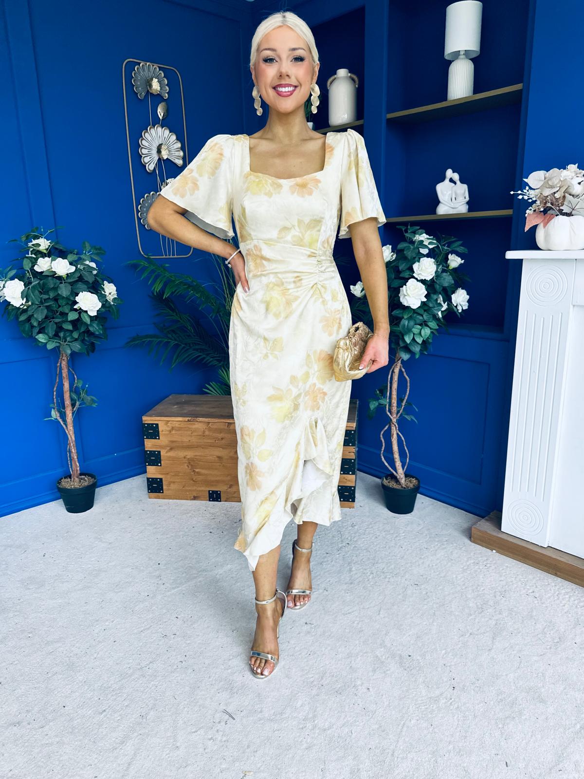 Heidi Square Neck Ruched Midi Dress Floral Yellow