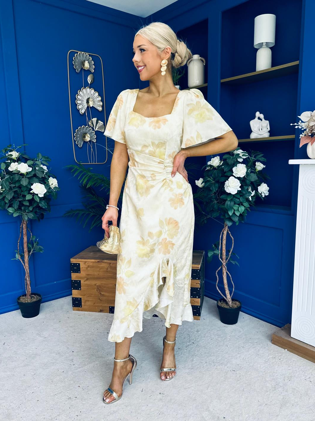 Heidi Square Neck Ruched Midi Dress Floral Yellow