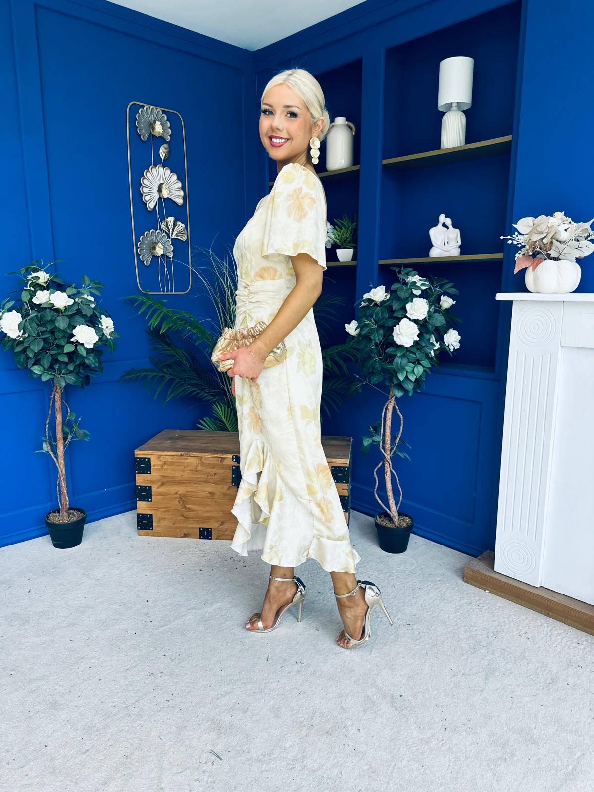 Heidi Square Neck Ruched Midi Dress Floral Yellow