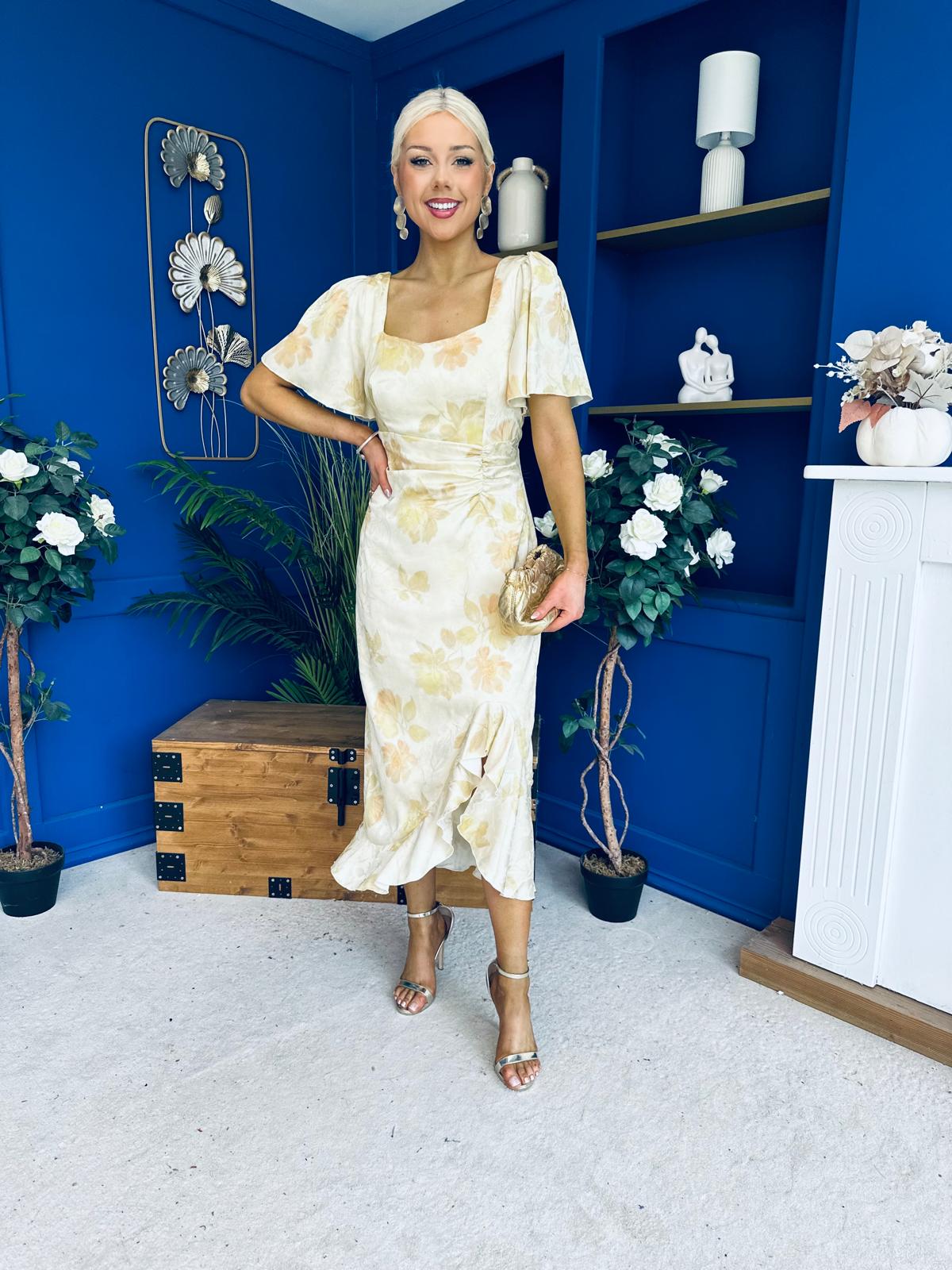 Heidi Square Neck Ruched Midi Dress Floral Yellow