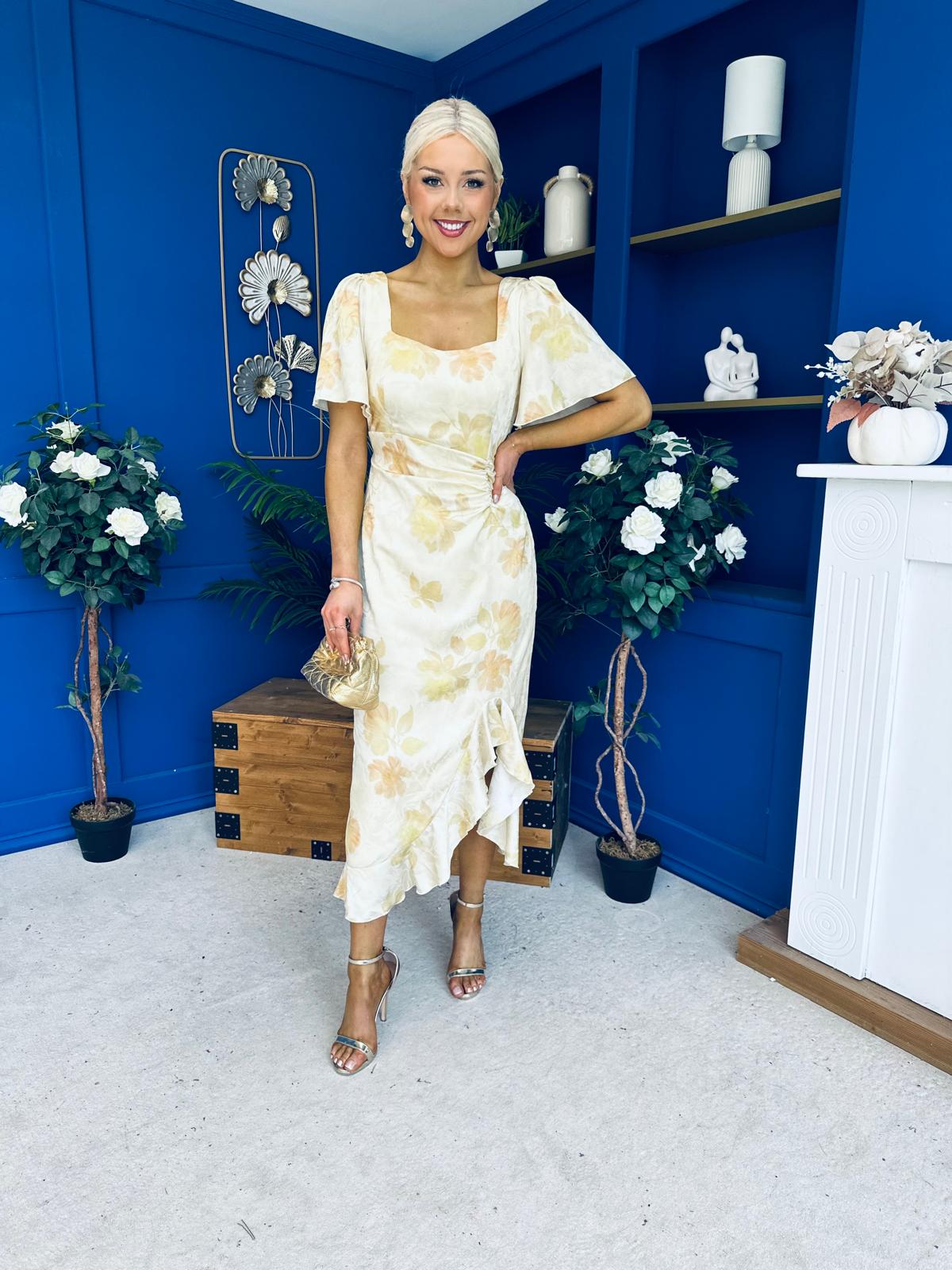 Heidi Square Neck Ruched Midi Dress Floral Yellow