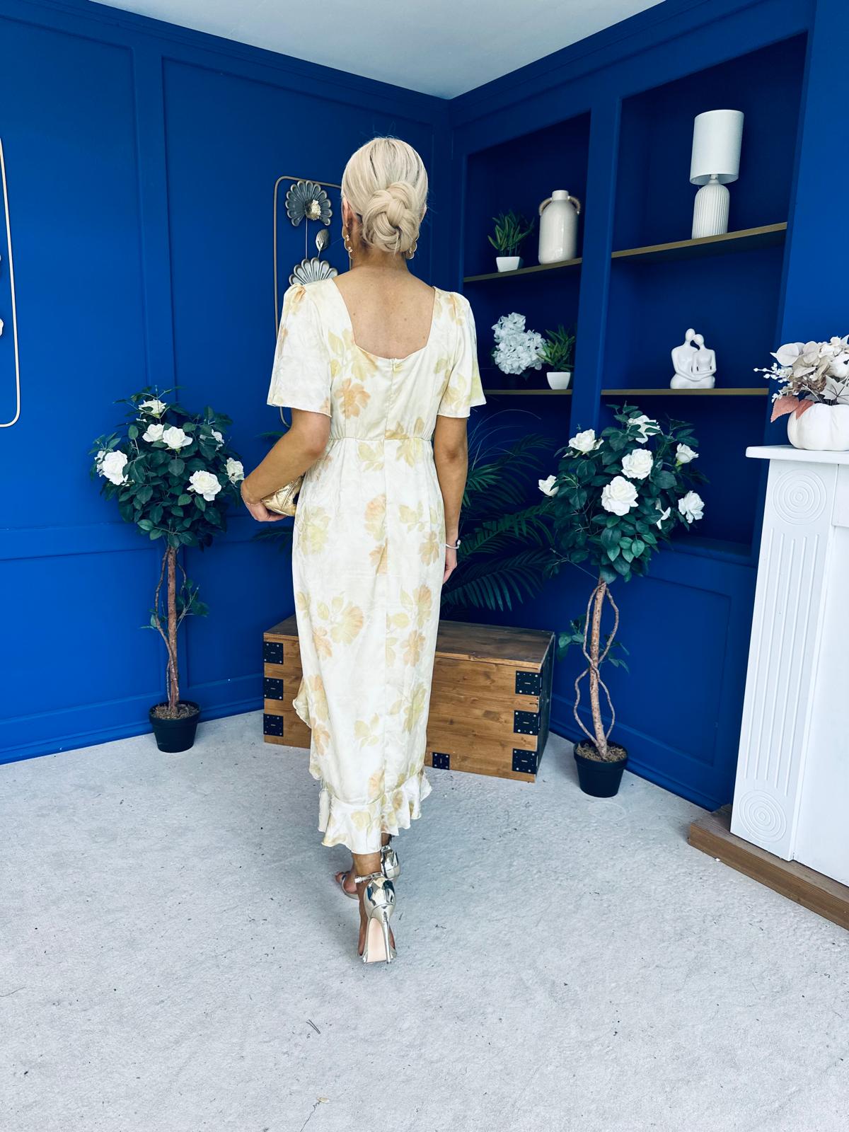 Heidi Square Neck Ruched Midi Dress Floral Yellow