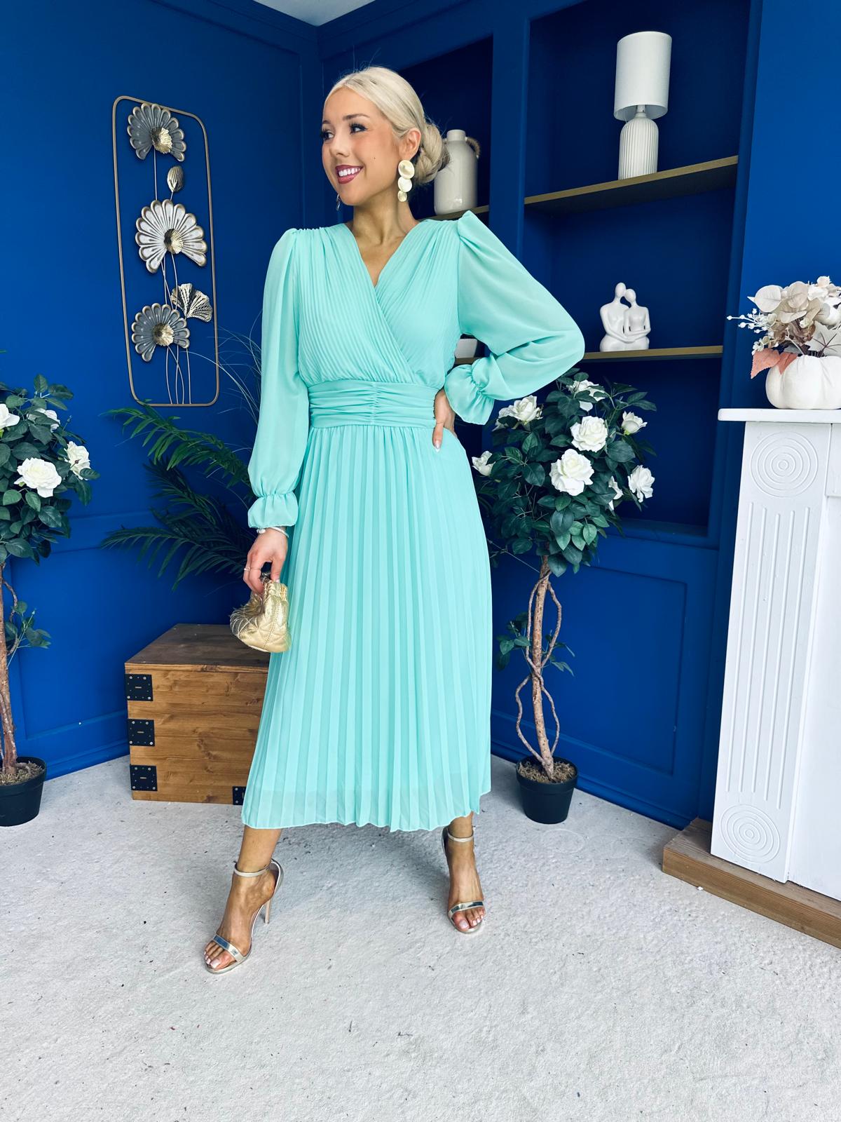Casey Pleated Occasion Midi Dress Pastel Green